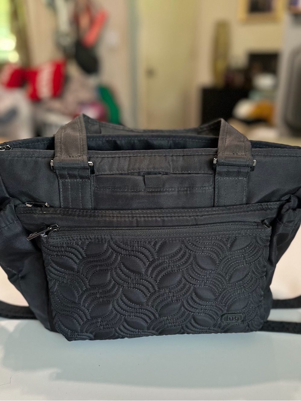 LUG RFID Black Crossbody Quilted Front Pocket Tote with Removable Strap